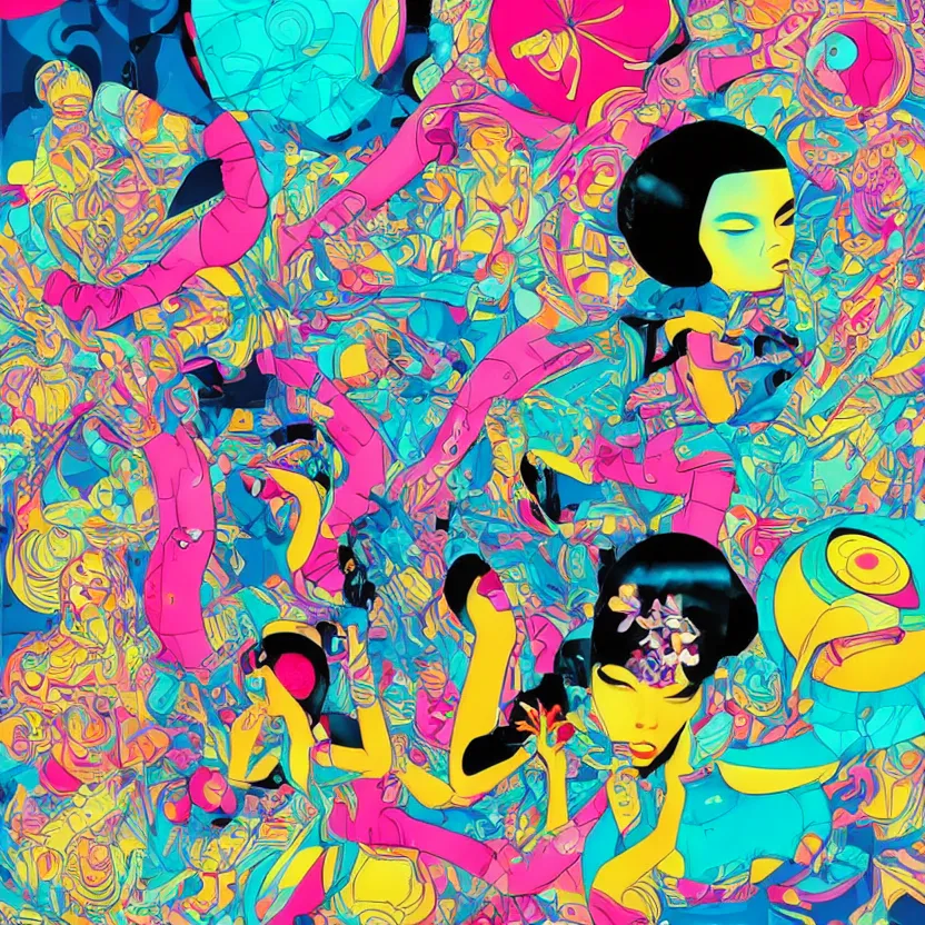 Image similar to futuristic disco, colors and shapes by tristan eaton and james jean, chiho aoshima color scheme