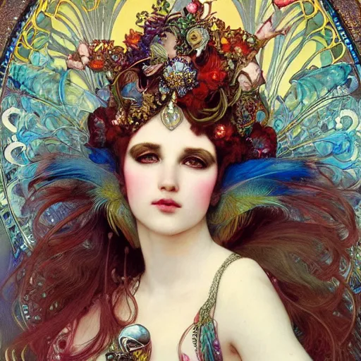 Prompt: realistic detailed face portrait of an otherworldly fairy tale Parrot Queen with colorful feathers and jewels in her hair by Alphonse Mucha, Ayami Kojima, Amano, Charlie Bowater, Karol Bak, Greg Hildebrandt, Jean Delville, and Mark Brooks, Art Nouveau, Neo-Gothic, gothic, rich deep moody colors