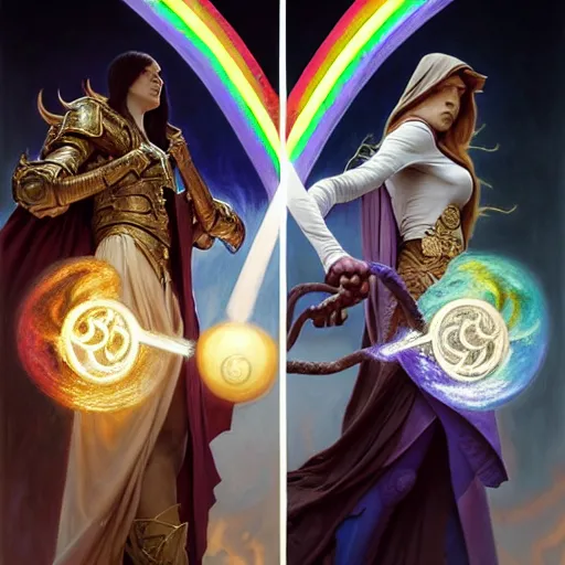 Image similar to painting of powerful stylish sorcerer and a cleric banishing the darkness and its abominations with a rainbow spell, ultra realistic, concept art, intricate details, eerie, highly detailed, photorealistic, octane render, 8 k, unreal engine. art by artgerm and greg rutkowski and magali villeneuve and alphonse mucha