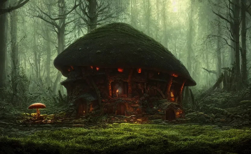 Prompt: A mushroom house!!!!, in a dark forest, macro, cool tones, underexposed, overecast, mysterious matte painting by greg rutkowski and marc simonetti and Ivan Shishkin, 4k