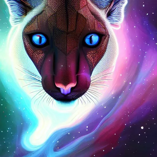 Prompt: Geometric symmetrical fossa with galaxy eyes in space, nebula in the background, intricate, elegant, highly detailed, digital painting, artstation, concept art, smooth, sharp focus, illustration, art by artgerm