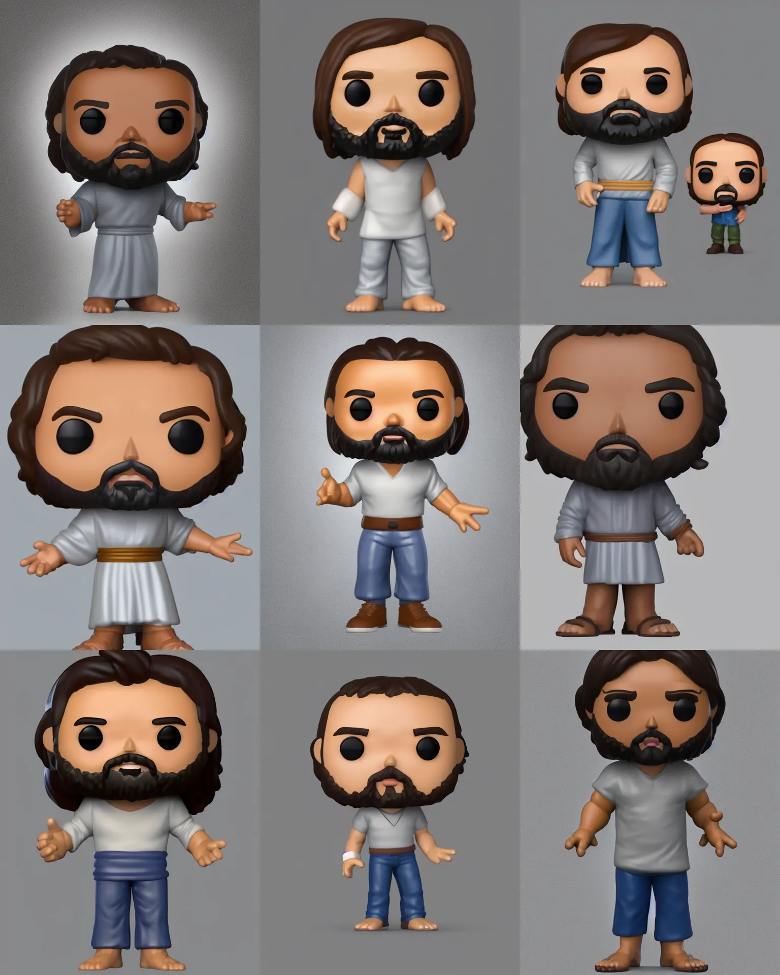 Prompt: full body 3d render of jesus as a funko pop!, studio lighting, grey background, single person, no shadow, blender, trending on artstation, 8k, highly detailed