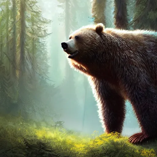 Image similar to a realistic fearful bear, beautiful, proportionate, atmosphere, vibe, forest, fern, flowers, concept art illustration, color page, tone mapping, james jean, andrei riabovitchev, marc simonetti, digital illustration, greg rutowski, volumetric lighting, sunbeams, particles