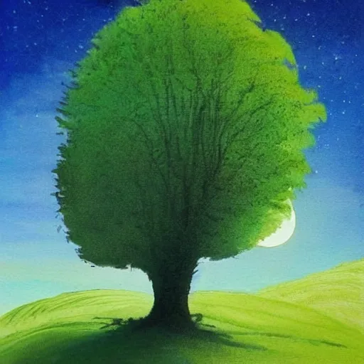 Prompt: This painting has such a feeling of peace and serenity. The tree is so still and calm, despite the wind blowing around it. The moonlight casts a soft glow over everything and the starts seem to be winking at you... in the style of the Little Prince