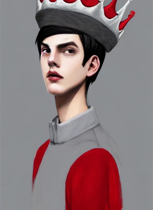 Image similar to portrait of teenage jughead jones wearing a light grey crown, photorealistic, crown made of fabric, grey crown with red and white pin badge, crown with pins, black hair, intricate, elegant, highly detailed, digital painting, glowing lights, artstation, concept art, smooth, sharp focus, illustration, art by wlop, mars ravelo and greg rutkowski