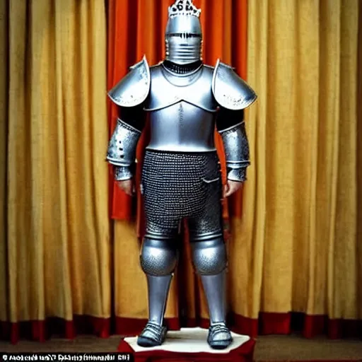 Image similar to full - body - front - shot!!!!!!!, donald trump wearing knight'armor, crown, detailed face of donald trump