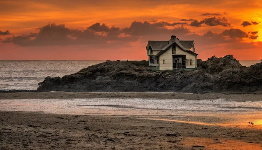 Image similar to a old house standing at a beach at sunset