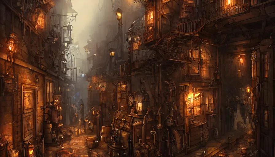 Image similar to a busy steampunk alleyway by alex flores, trending on artstation, digital art, fantasy, steampunk