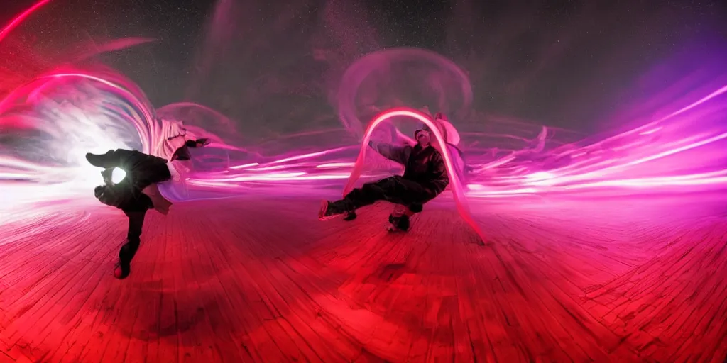 Prompt: fisheye slow motion with trail effect of futuristic break dancer wearing long dark cloak with red neon lights, long exposure shot , enigmatic, at night in the middle of the arctic, paddle of water, steam, fog, water splashes, rim lights, glossy reflections, water droplets on lens, octane render, Volumetric dynamic lighting, stunning cover magazine, high details,