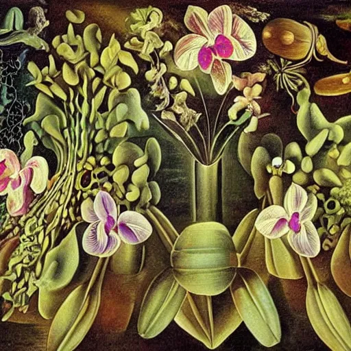 Prompt: infinite space on minestrone plants and orchids by cirico, salvador dali