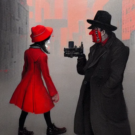Image similar to a highly detailed epic cinematic concept art, cyberpunk, a thin man in a black coat and bowler hat talks with small young girl who is dressed in a red coat and a red hat, park, autumn, in the style of Francis Bacon and Syd Mead and Norman Rockwell and Beksinski, painted by Francis Bacon and Edward Hopper, painted by James Gilleard, surrealism, airbrush, Ilya Kuvshinov, WLOP, Stanley Artgerm, very coherent, triadic color scheme, art by Takato Yamamoto and James Jean, high detail, width 768