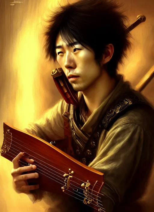 Image similar to a strong japanese male bard playing lute, full body, hyper realistic, blade runner, extremely detailed, dnd character art portrait, dark fantasy art, intricate fantasy painting, steampunk, dramatic lighting, vivid colors, deviantart, artstation, by clyde caldwell and krenz cushart and artem demura and john williams waterhouse