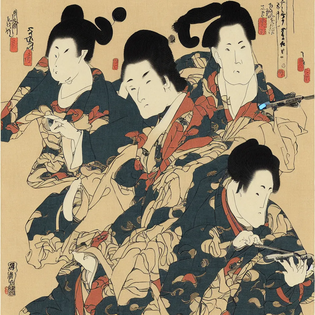 Image similar to i, a man wearing headphone and playing his iphone, by hokusai