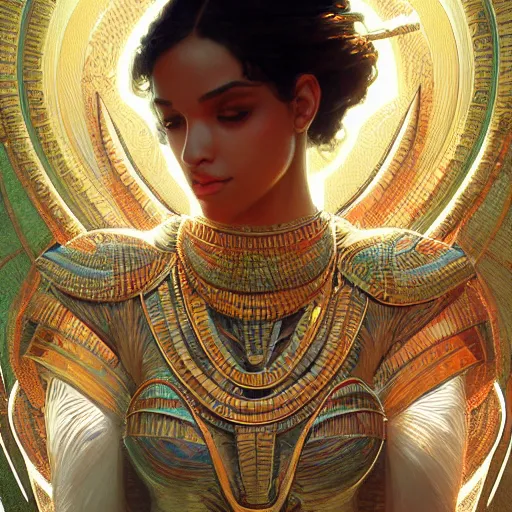 Prompt: egyptian god, gorgeous, amazing, elegant, intricate, highly detailed, digital painting, volumetric lighting, artstation, concept art, sharp focus, illustration, art by artgerm and greg rutkowski and alphonse mucha