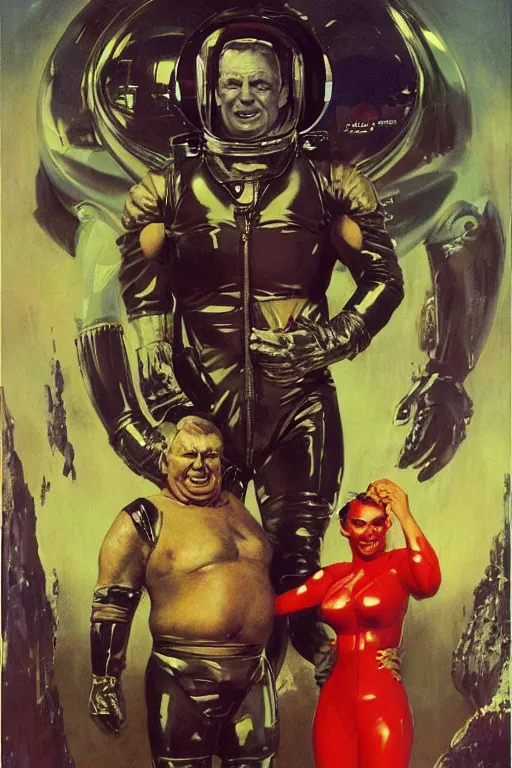 Prompt: full body portrait of fat dorian yates as demon chief standing beside elegant space woman in latex spacesuit, by norman rockwell, jack kirby, jon berkey, earle bergey, craig mullins, ruan jia, jeremy mann, tom lovell, marvel, astounding stories, 5 0 s pulp illustration, scifi, fantasy, artstation creature concept