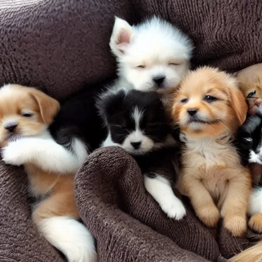 Image similar to puppies and kittens taking a nap together