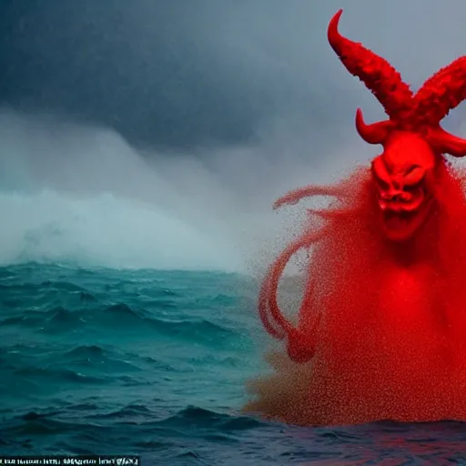 Image similar to a devilish red monster with horns emerging from boiling rough seas, photo by david lachapelle, s - 5 0