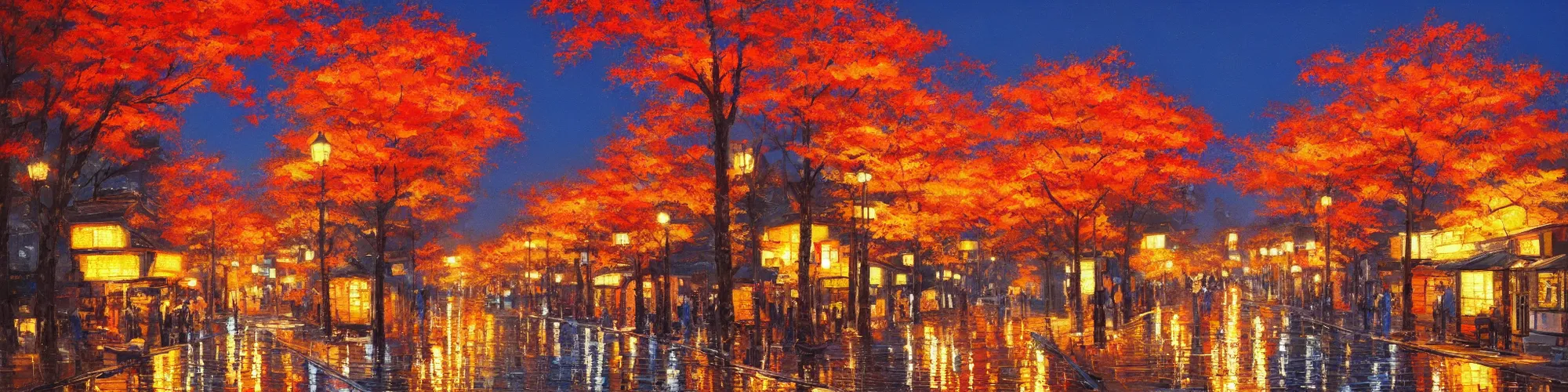 Image similar to painting of autumn japanese city landscape during night, award winning painting, beautiful, breathtaking, stunning scenery, trending on artstation, masterpiece