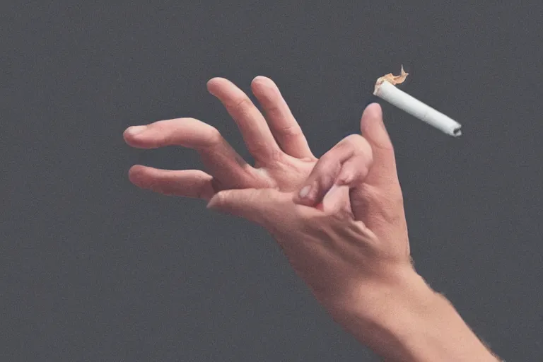 Image similar to Close-up of thin soft hand, five fingers, hand with cigarette with smoke, hand with five fingers, hyper realistic, high details, photo, super resolution