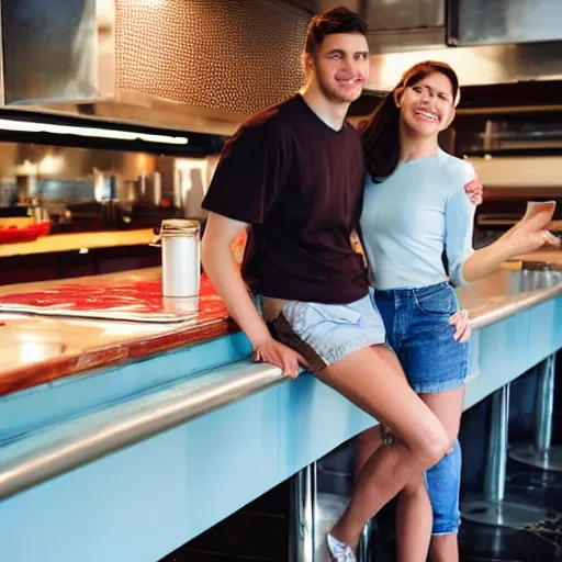 Prompt: a young couple standing on top of the counter at a diner