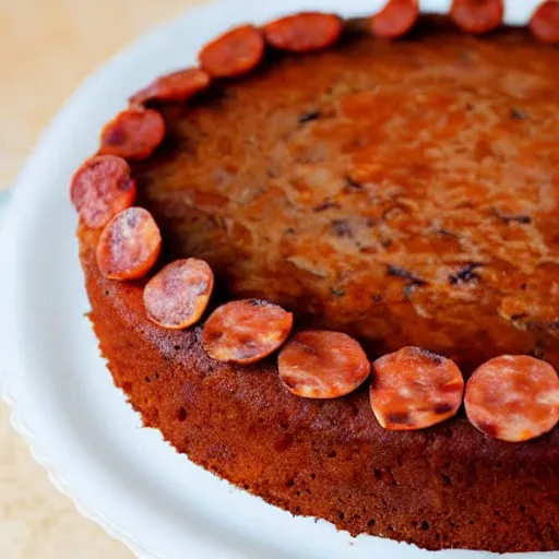 Prompt: close view of a beautiful and delicious chorizo cake piece, chorizo slices on top, 4 k