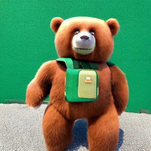 Image similar to big realistic bear standing on two legs, wearing green square backpack at his back, photo realistic, high detail, smooth