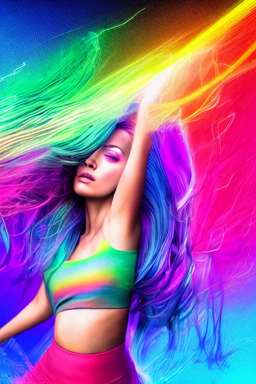 Image similar to a award winning half body portrait of a beautiful woman with stunning eyes in a croptop and leggings with rainbow colored ombre hairstyle head in motion and hair flying while dancing by thomas danthony, surrounded by whirling illuminated lines, outrun, vaporware, shaded flat illustration, digital art, trending on artstation, highly detailed, fine detail, intricate