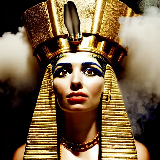 Prompt: Photo of Cleopatra, Queen of the Kingdom of Egypt, sitting on a throne, close-up, high detail, studio, ominous background, smoke, by Martin Schoeller