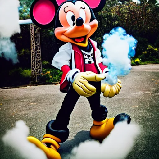 Image similar to sora from kingdom hearts exhaling a large smoke cloud from his mickey mouse bong, award winning candid photography