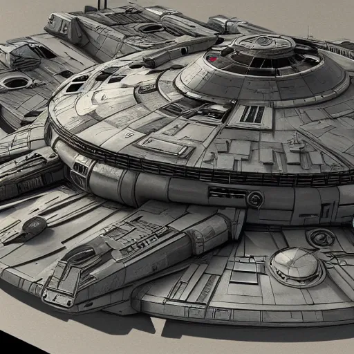 Image similar to Millennium Falcon, Artstation, Award Winning Masterpiece, Very Detailed, Complex, Space, Star Wars, Digital Art