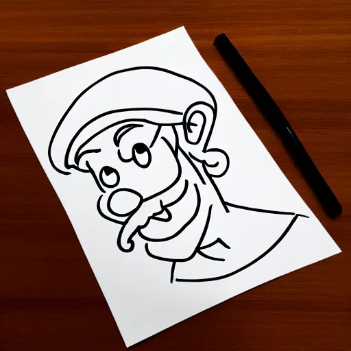 Image similar to continuous single line contour - drawing of waluigi, pen on white paper