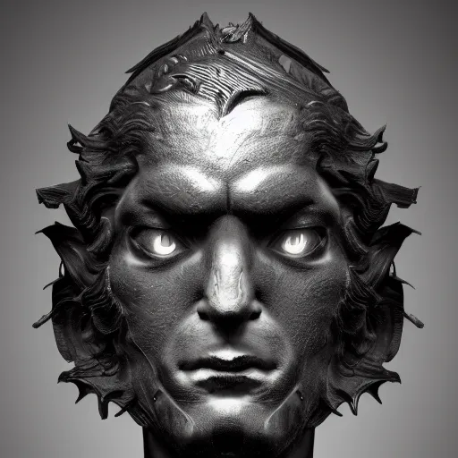 Prompt: a sculpture portrait of a man made of black iron. black background. gothic baroque. expressive eyes. symmetry. epic. ominous shapes. lighting from the bottom, sharp shadows. photoreal. trending on artstation