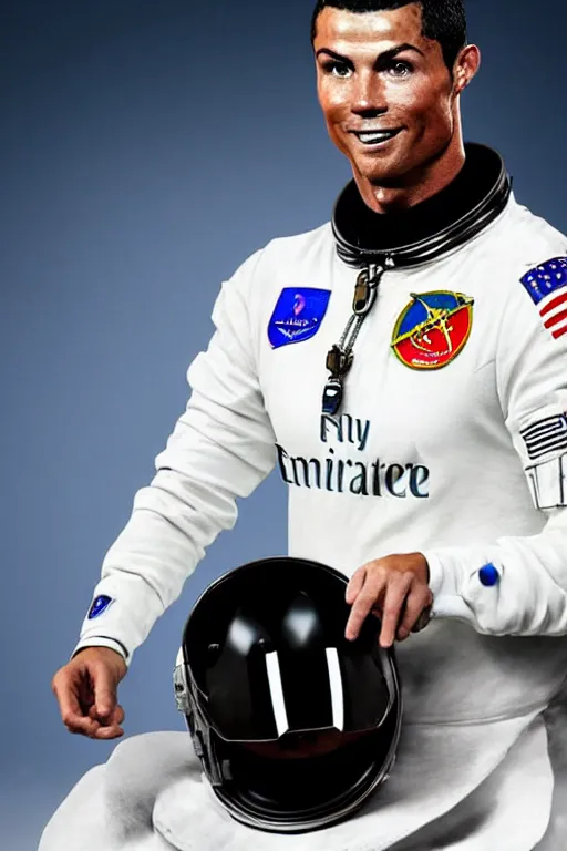 Image similar to portrait of cristiano ronaldo with astronaut armor and helmet, majestic, solemn