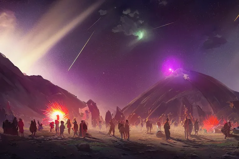 Prompt: meteor shower during a festival, concept art, highly detailed, artstation, ray - tracing, trending, god - rays, volumetric lighting, feng zhu, shaddy safadi, noah bradley, tyler edlin, jordan grimmer, darek zabrocki, neil blevins, tuomas korpi