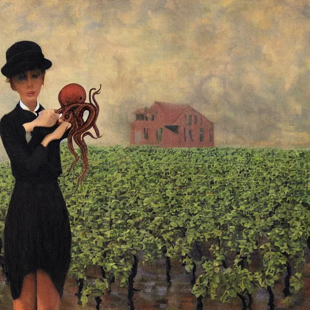 Prompt: tall emo girl artist holding an octopus, in a flooded art gallery, books, small portraits, gourds, berries, vines, pigs, acrylic on canvas, surrealist, by magritte and monet