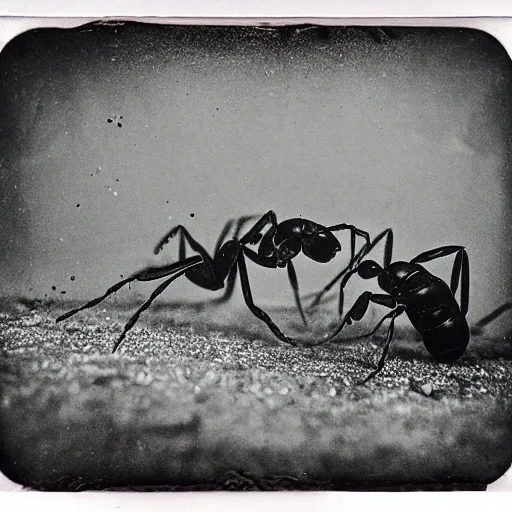 Image similar to tintype photo, underwater, two ants fighting