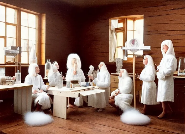 Prompt: realistic photo of a group of medieval female scientists wearing white shorts, beautiful faces covered with white plates, watching at a levitating fluffy furry cloud, in a living room laboratory with many wooden gadgets made of wood interior is made of wood 1 9 9 0, life magazine reportage photo, natural colors