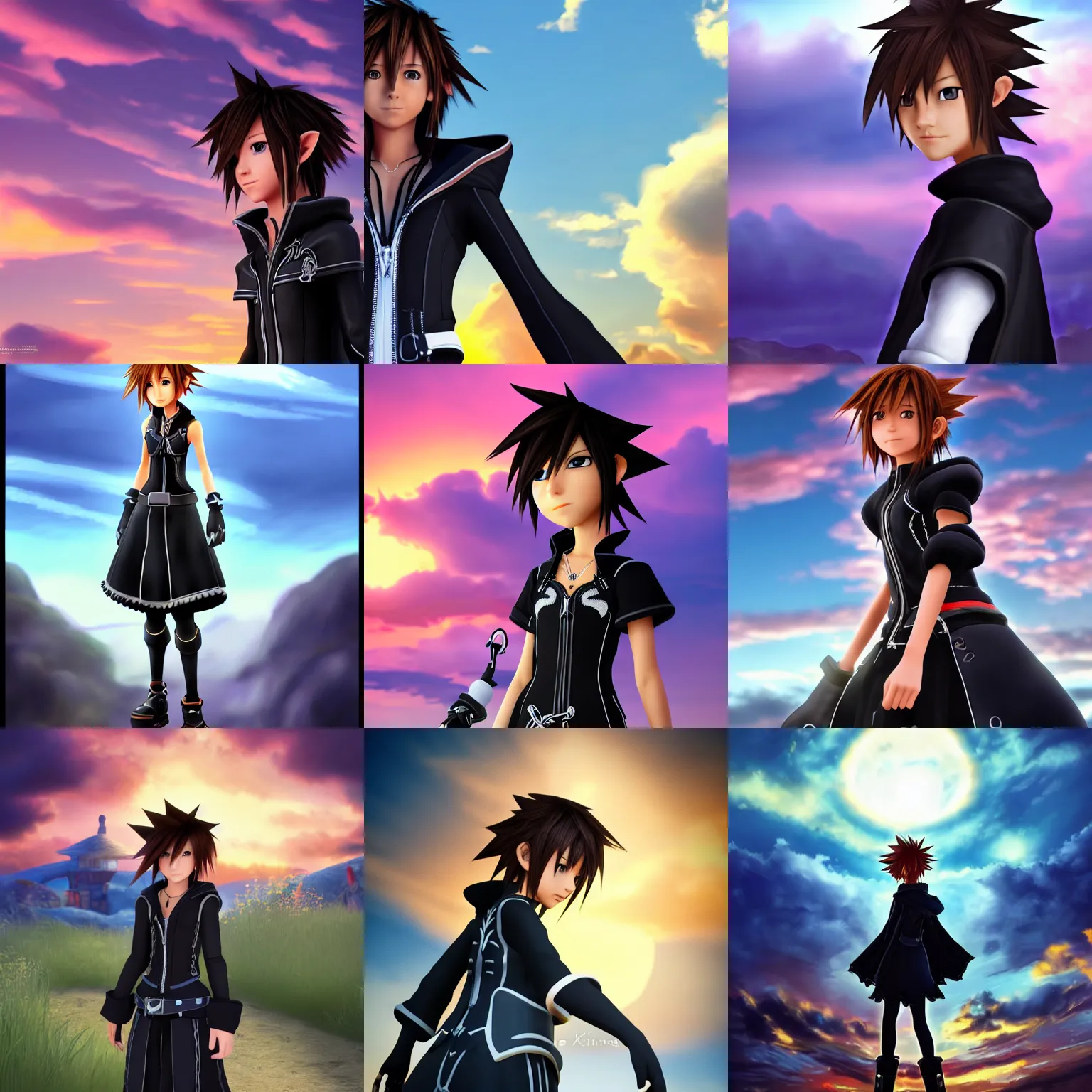 Prompt: xion with sunset clouds as the background | kingdom hearts character portrait, trending on artstation, ps 4 kingdom hearts iii screenshot | short, black haired scrawny girl in a black leather cloak with blue eyes and choppy short hair with black gloves