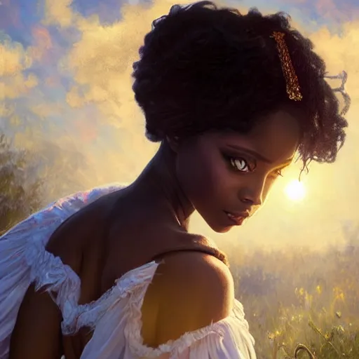 Image similar to a Photorealistic dramatic hyperrealistic bright blue eyes, African American elegant girl, black hair, white veil,by WLOP,Artgerm,Greg Rutkowski,Alphonse Mucha, Dang My Linh, Beautiful dynamic dramatic bright sunset lighting,shadows,cinematic atmosphere,Artstation,concept design art,Octane render,8k, godrays-C 12.0