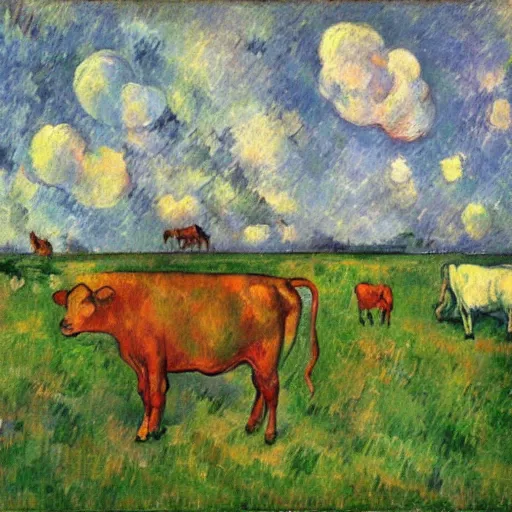 Prompt: a cow is running in the cloud, post - impressionism, cezanne, gaugin, van gogh, seurat, selfie ， - h 1 0 2 4