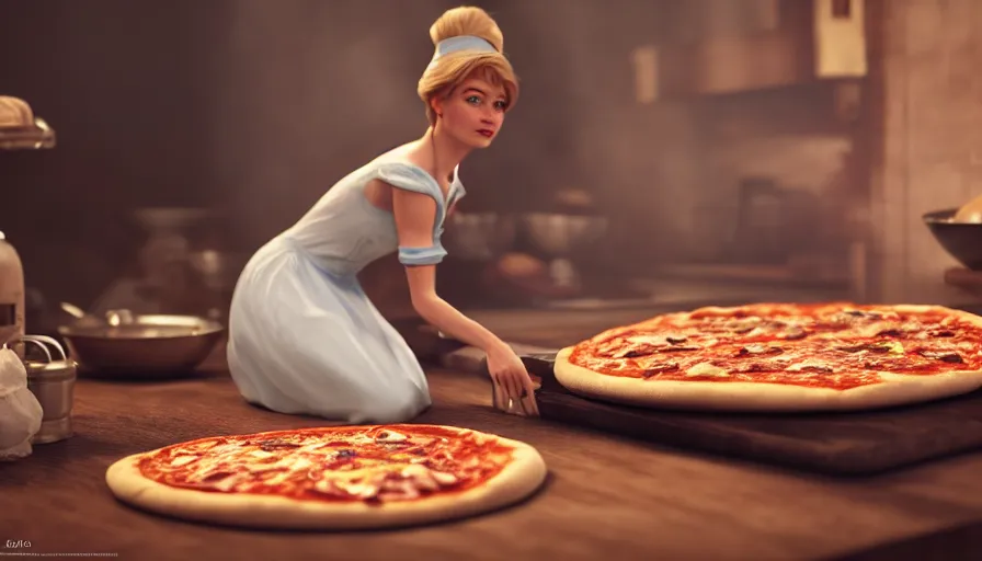 Prompt: cinderella making pizza, photorealistic rendering. artstation, 4 k, hyperrealism