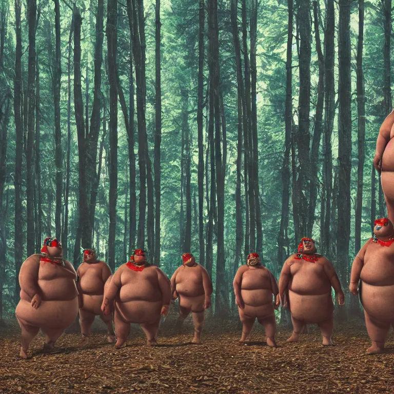 Prompt: a tribe of fat man levitating in a pine forest , ektachrome hyper realistic and detailed, wear heavy heavy ornemental costumes and elongate bones masks