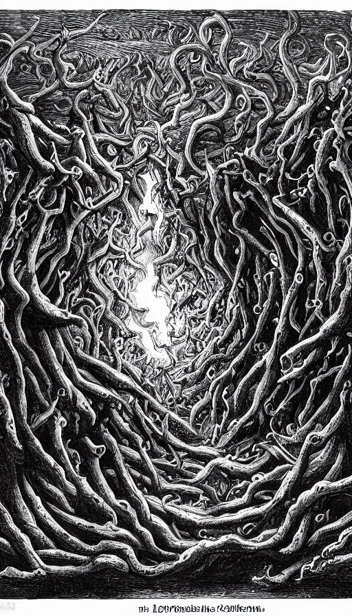 Image similar to a storm vortex made of many demonic eyes and teeth over a forest, by h. p. lovecraft