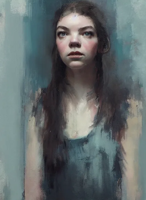 Image similar to portrait painting of anya taylor joy by jeremy mann, only one head single portrait