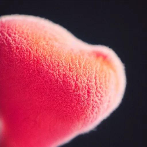 Image similar to a macro photo of a peach's dry hairy skin, form resembling female bum, hyper realistic, hyper detailed, 35mm, very grainy film, pink volumetric studio lighting, bokeh, black background award winning shot, vogue magazine, cinematic, 8k, very closeup, elegant, tender, pastel