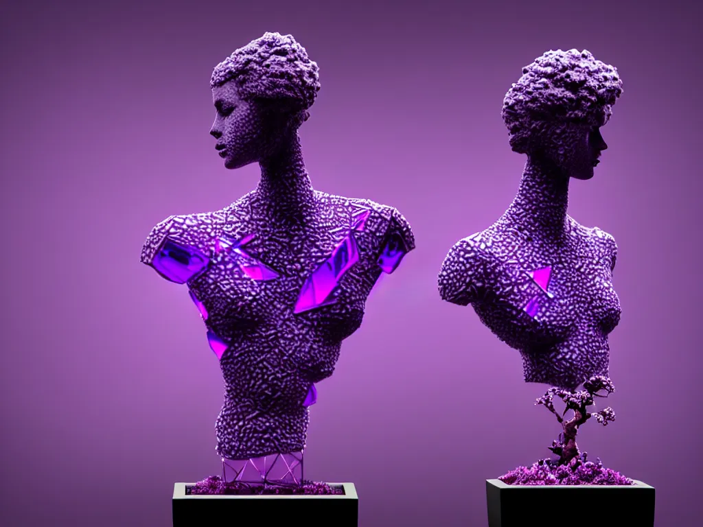 Image similar to beautiful mannequin sculpted out of amethyst by billelis + lit with purple 3 d geometric neon + chrome geometric cubed bonsai plants!!!!, dark grey clouds + neon pink lightning in background, clean linework, dramatic, finely detailed, rule of thirds, moody, confident, award winning, 4 k, trending on artstation, photorealistic, volumetric lighting, octane render