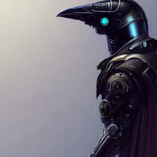 Prompt: self portrait of a robot raven with detailed helmet. Full body with draped fabric cape and body armor, digital art, realistic, ultradetailed, concept art in the style of A new Hope, art by greg rutkowski and thomas kinkade, trending on artstation, devianart, cgsociety