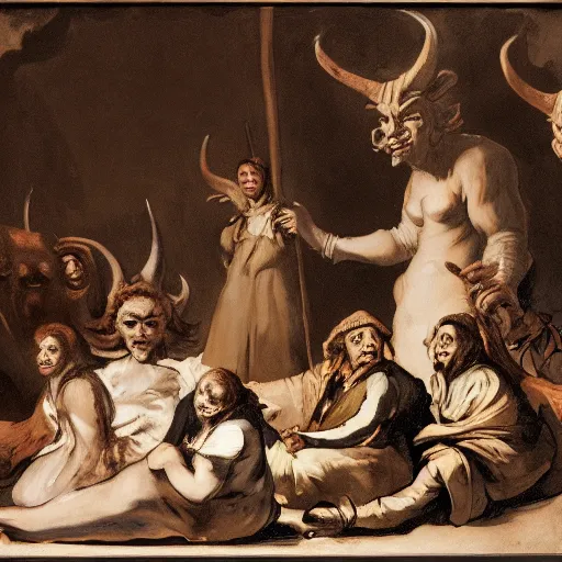 Prompt: A crowd of peasants and a pale woman sitting around a monster with horns, Francisco Goya style, high detailed faces, full hd, dark