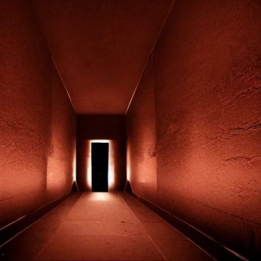Prompt: A dark hallway made of red sandstone lit up by primitive torches. Red hooded figures stand next to the torches. With there faces hidden by shadow.