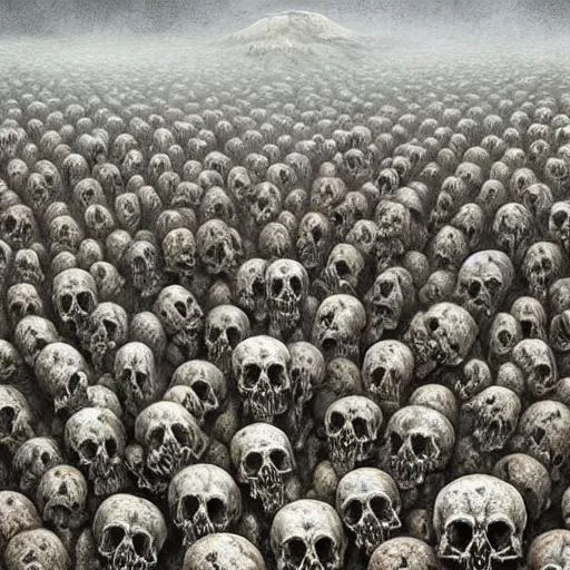 Image similar to a hyperrealistic painting of a psychedelic landscape, structures made of human skulls, by anton semenov and santiago caruso, highly detailed, vivid color,